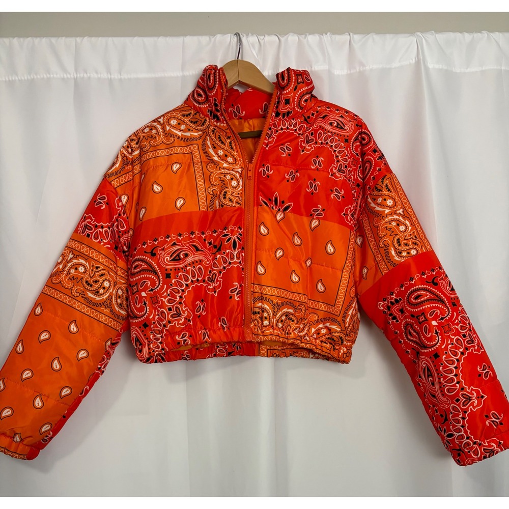 Orange Bandana Print Cropped Puffer Jacket XL Streetwear Patchwork Paisley